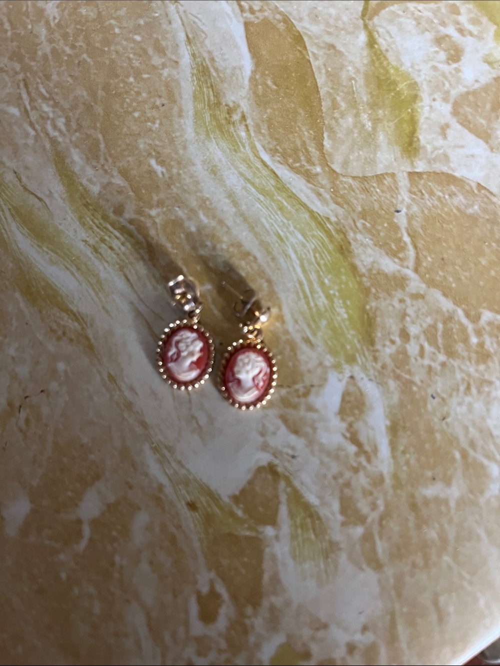 Gold-Tone Red Cameo Drop Earrings with White Profile - Women Jewelry